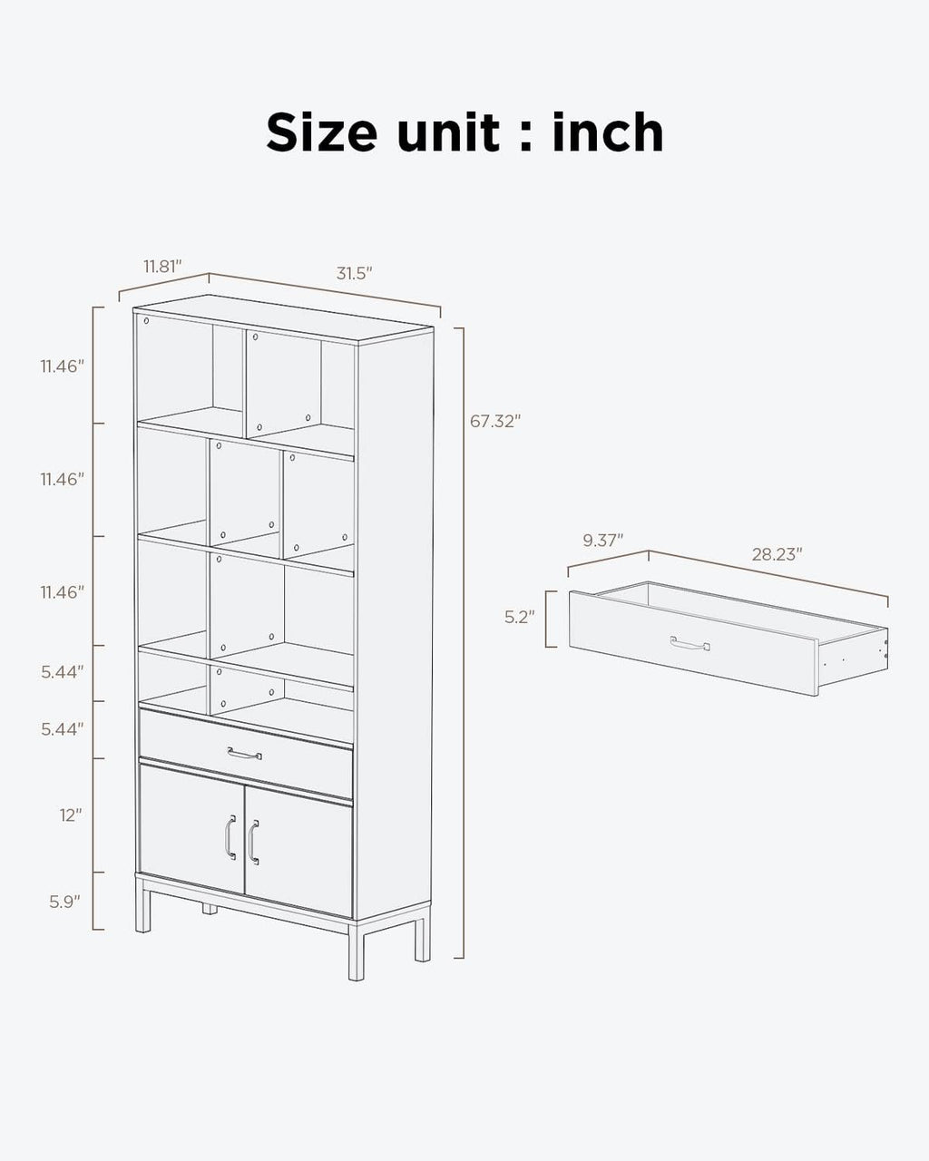 Brown 4 Tier Bookcase with Doors and Drawers V69838