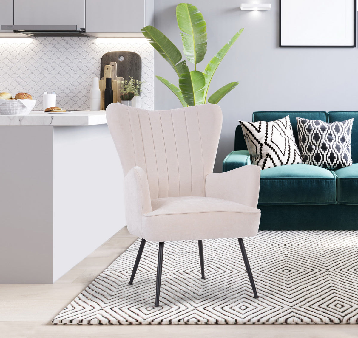 White Upholstered Fabric Accent Chair with Wooden Legs W51180