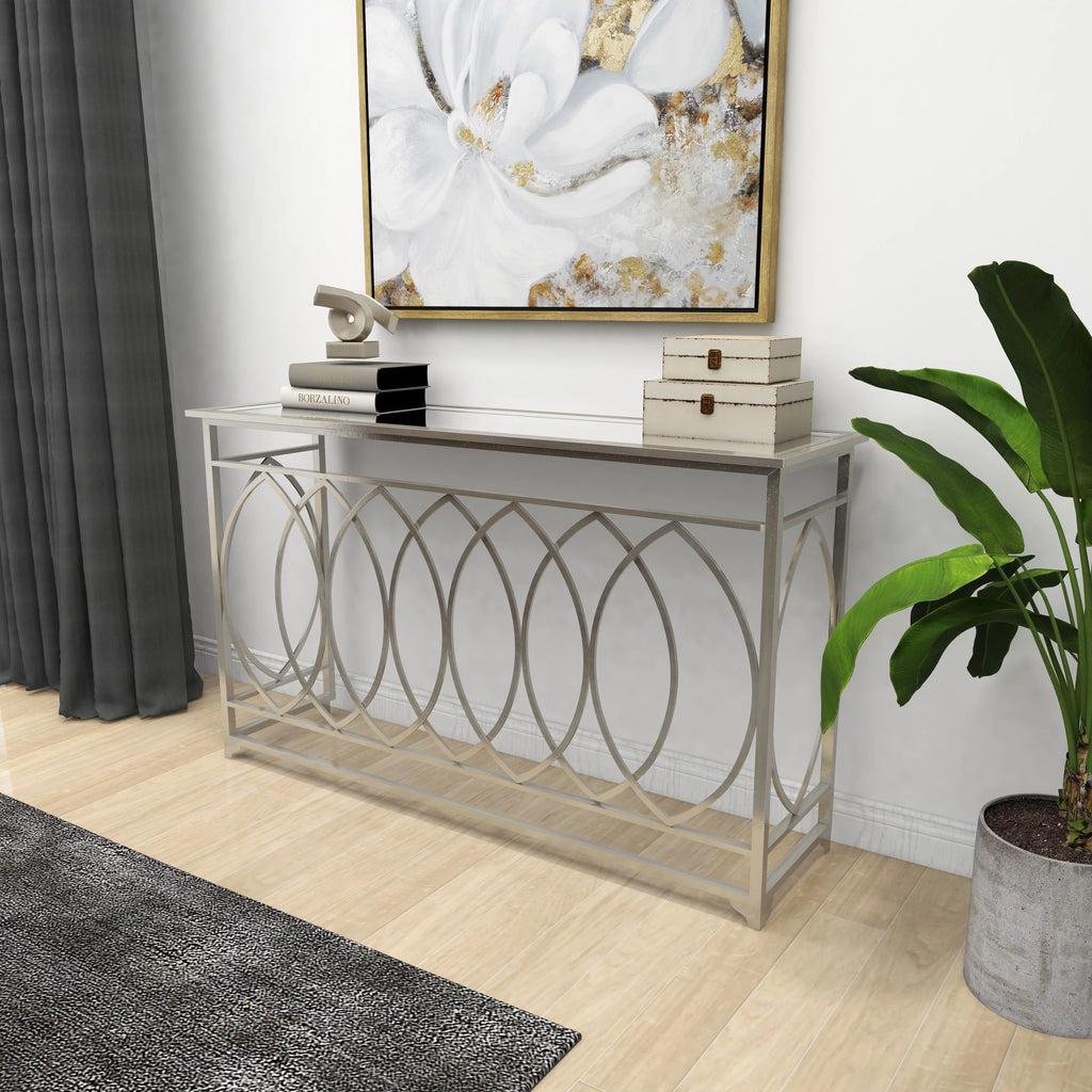 54" x 32" Silver Metal Mirrored Glass Console Table M90375