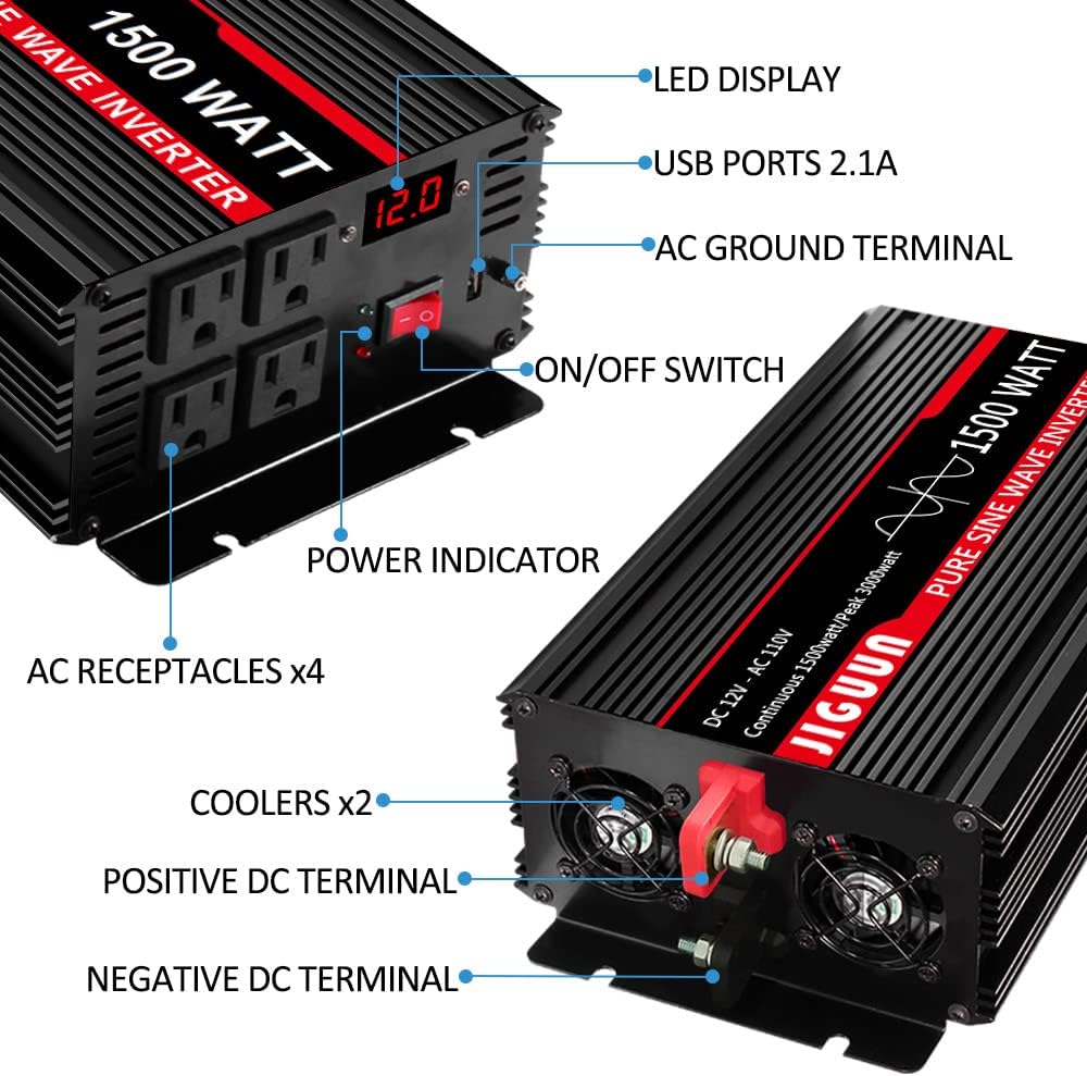 1500 Watt Pure Sine Wave Power Inverter DC 12V to AC 120V with 4 AC Outlets USB Output Wireless Remote Control U81599