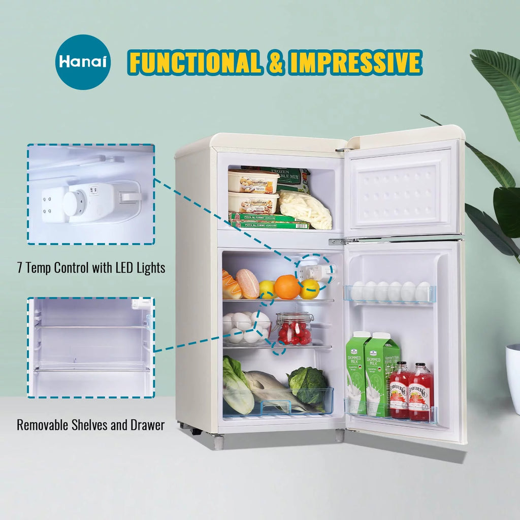 3.5 Cu.ft Retro Mini Fridge with Freezer Dual Doors Cream B198