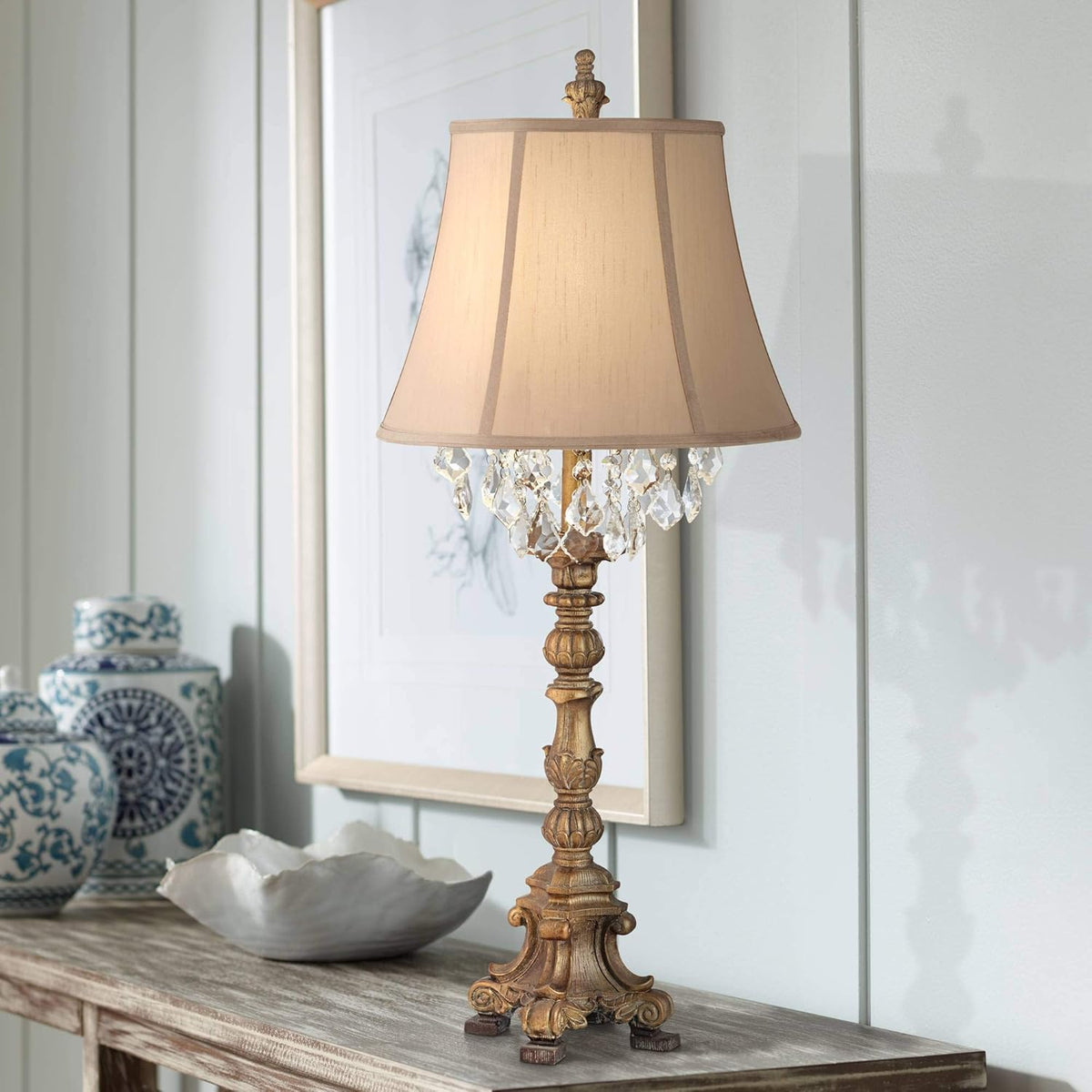 Tall Table Lamp Crystal Aged Gold Candlestick Beige Bell Shade E4804