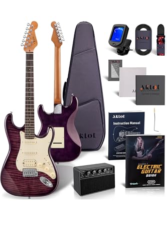 Blaze Orange Electric Guitar with Roasted Maple Neck, Flame Maple Top, HSS Ceramic Pickups, 10W Amp, Gig Bag, Strap, Picks, Lesson Book Q201