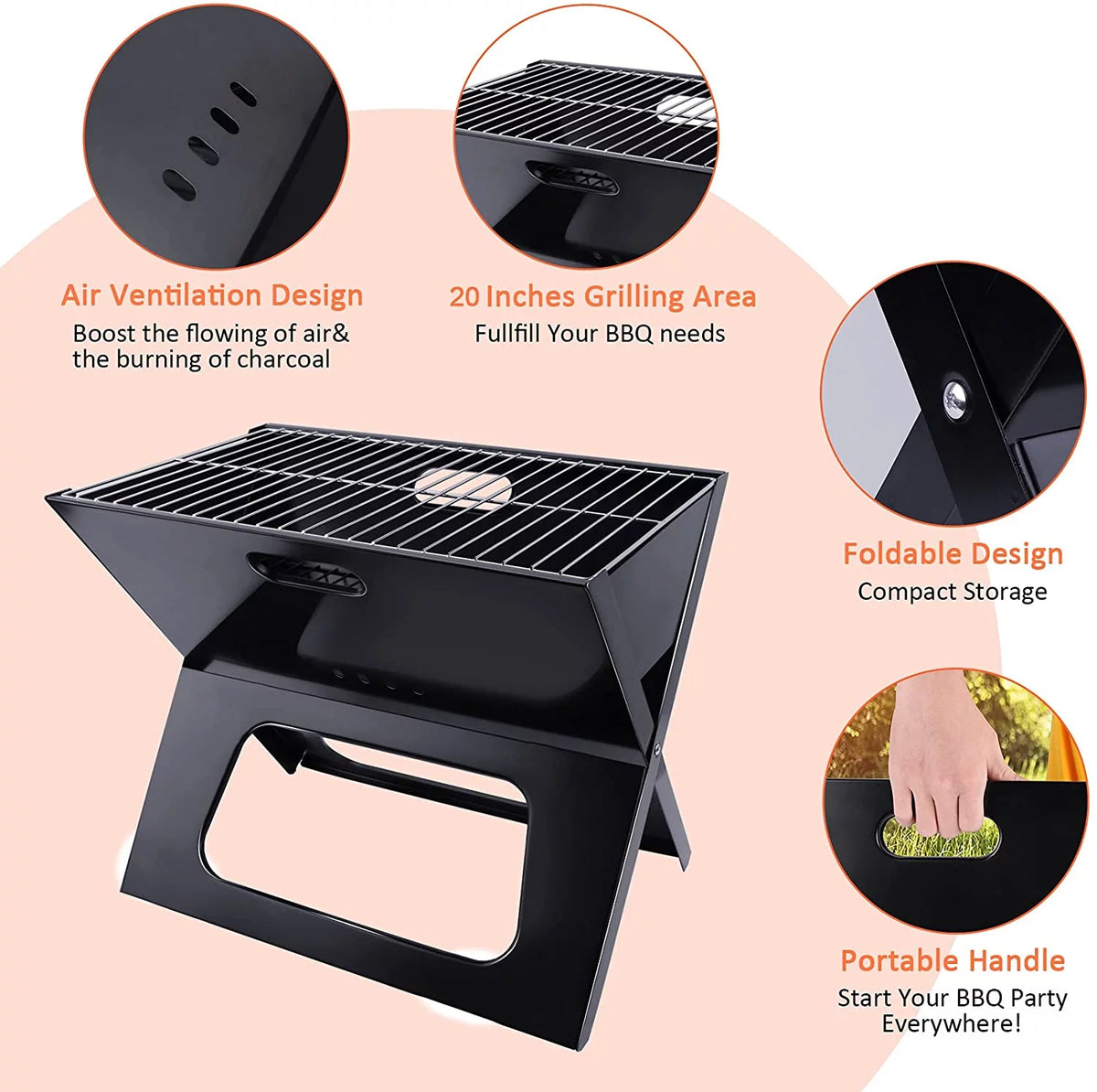 Charcoal BBQ Grill Foldable Black W94545