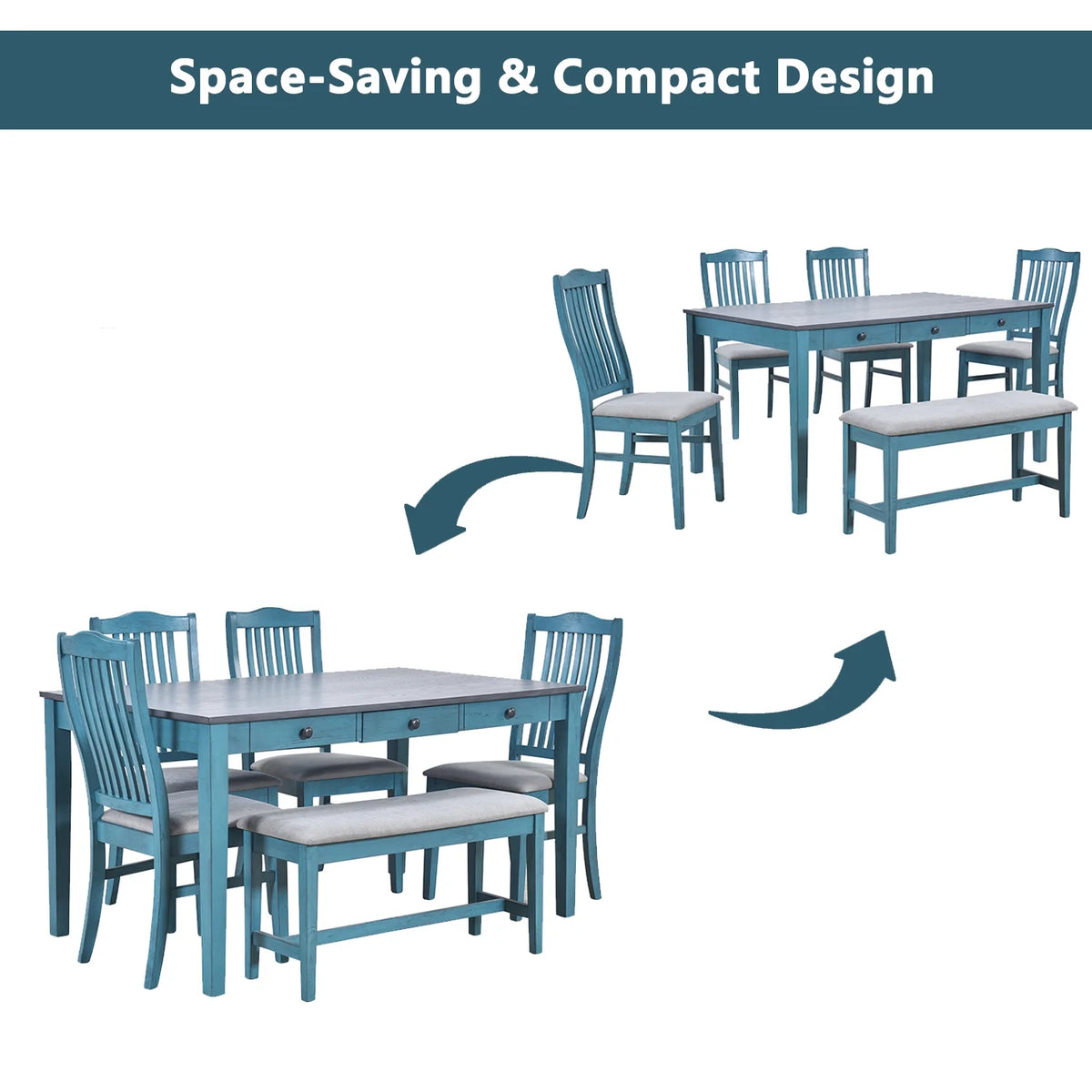 6 Piece Wood Dining Table Set with 4 Upholstered Chairs and Bench B892