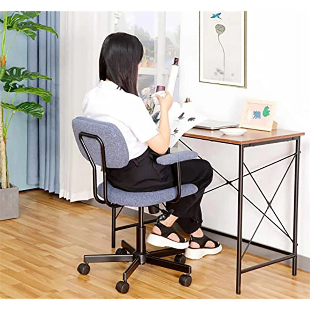 Blue Velvet Office Chair with Armrest E859209