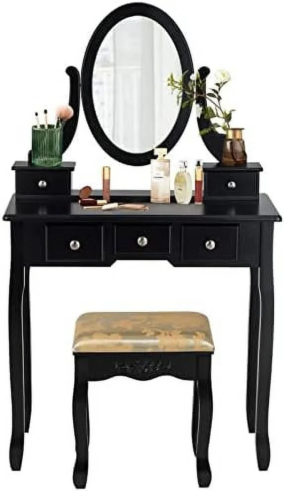 White Vanity Table Set with Rotatable Mirror, Cushioned Stool & 5 Drawers R867914