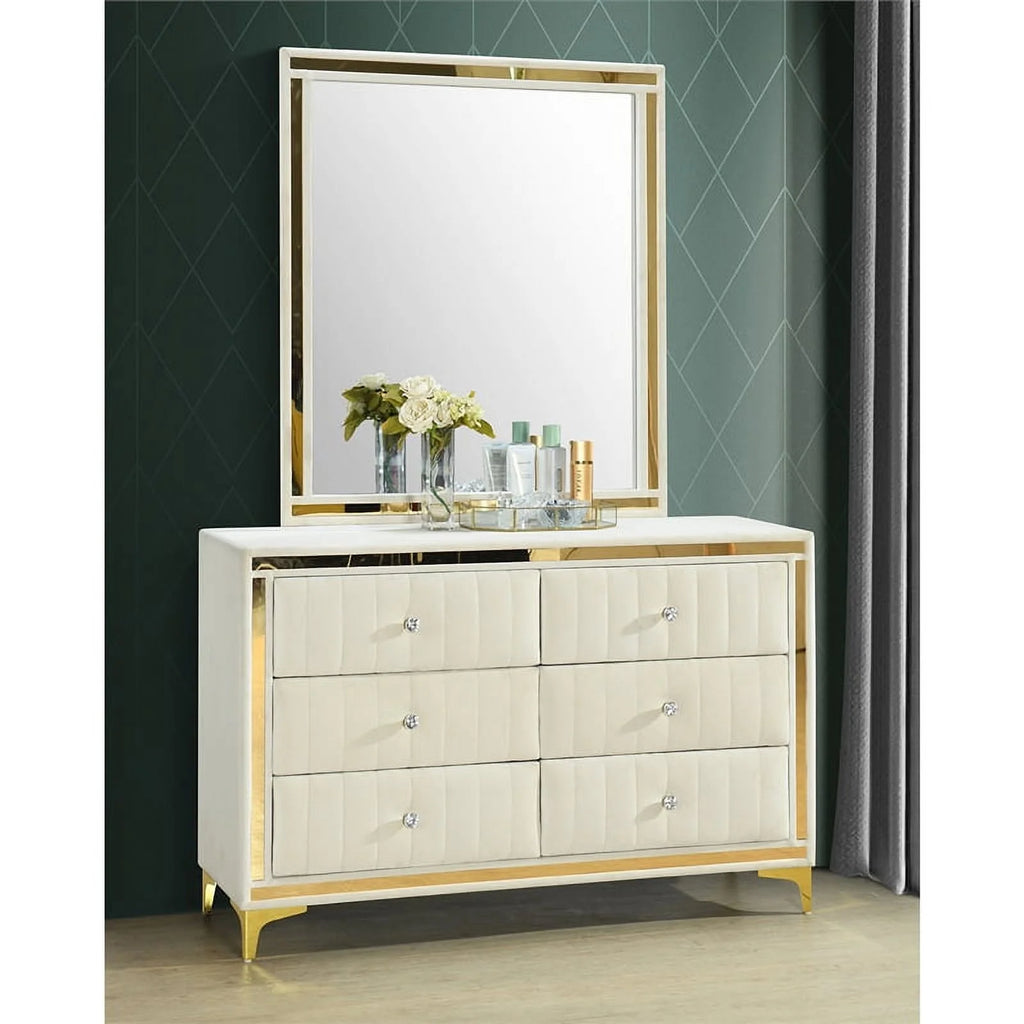 Velvet 6 Drawer Dresser with Mirror and Gold Legs in Cream W673237