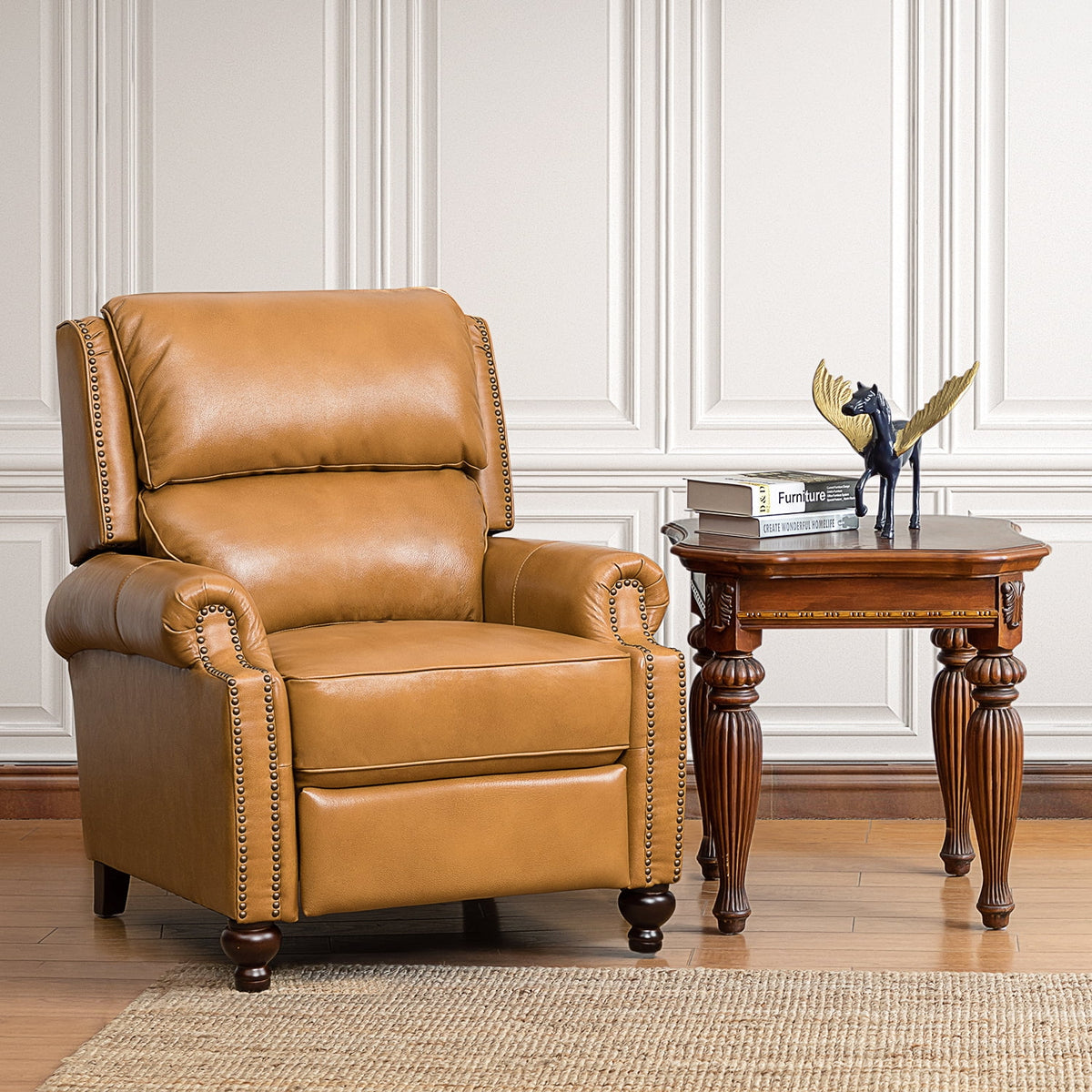 Camel Leather Recliner Chair with Wood Legs K204495