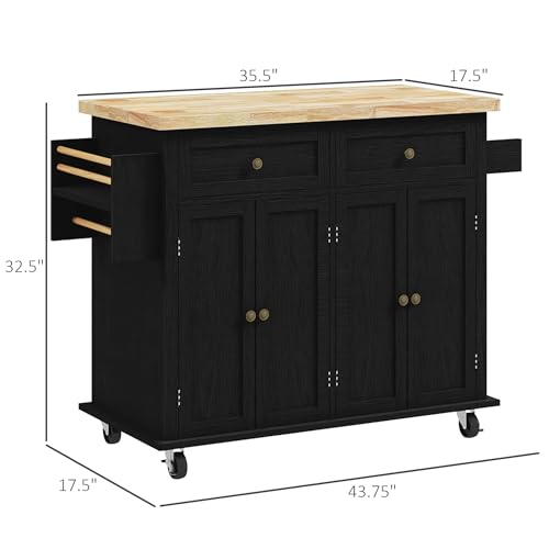 Navy Blue Kitchen Island on Wheels with Rubberwood Top Q502849