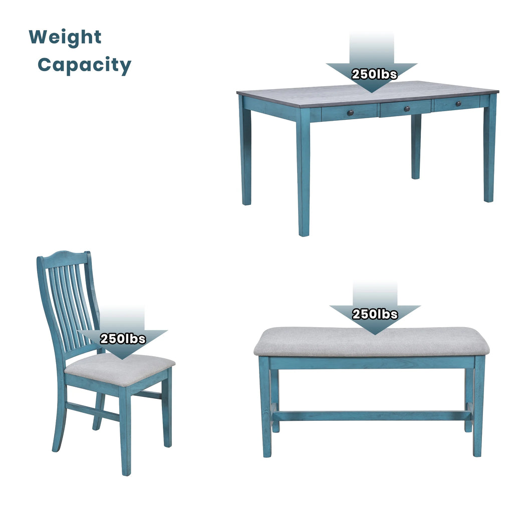 6 Piece Wood Dining Table Set with 4 Upholstered Chairs and Bench B892