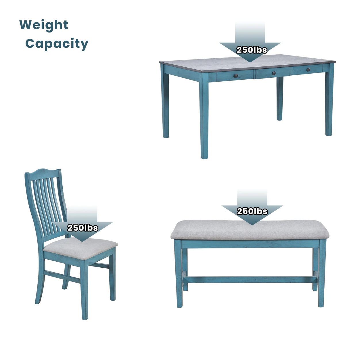 6 Piece Wood Dining Table Set with 4 Upholstered Chairs and Bench B892