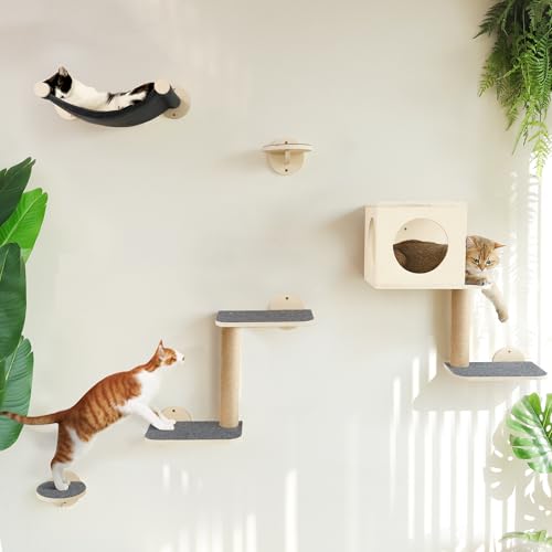 5-Piece Wooden Cat Wall Shelves with Hammock S544
