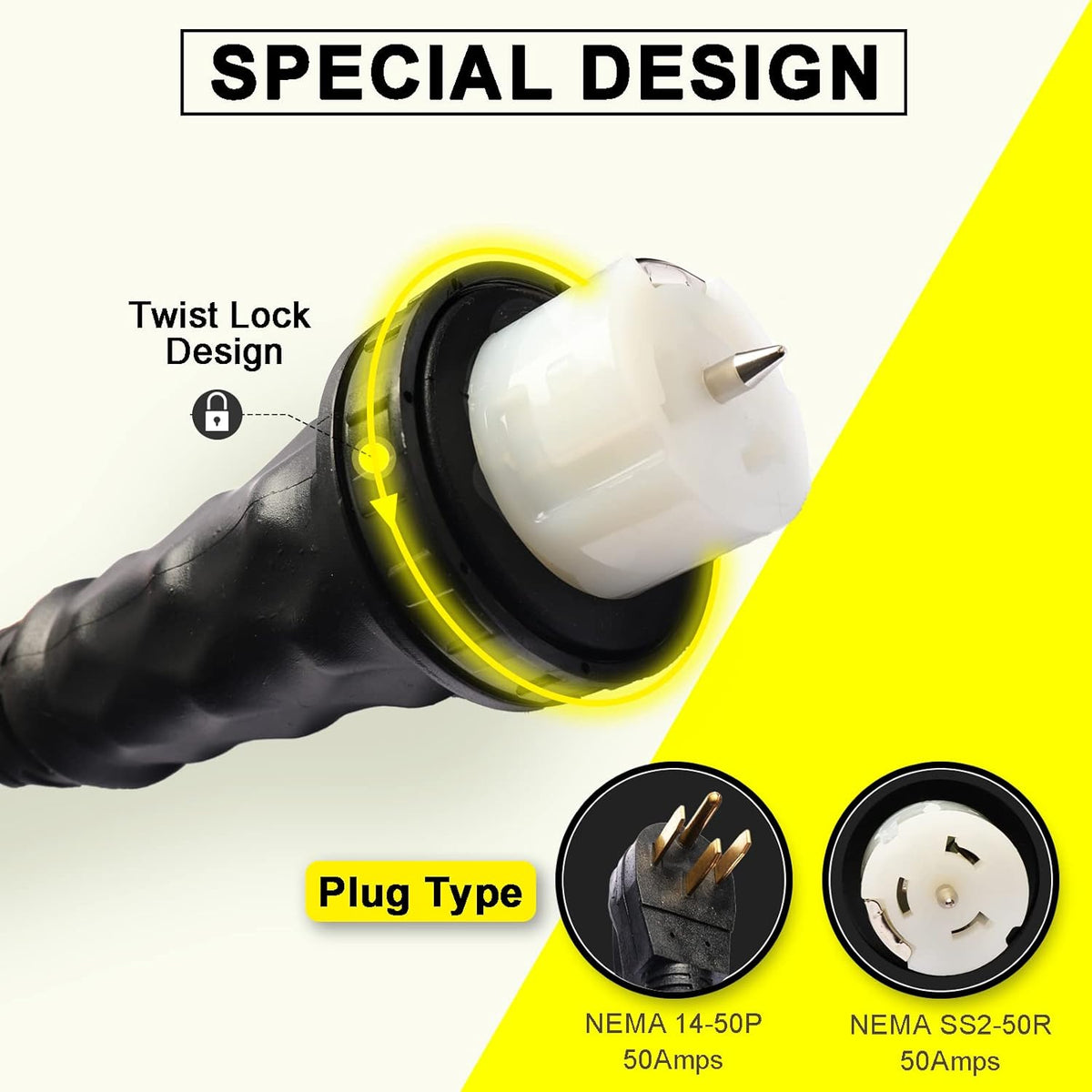 50 Amp Generator Extension Cord, 15 FT, STW 6/3 + 8/1, 125V/250V, 12500W, NEMA 14-50P to SS2-50R/CS6364, Twist Locking Connector, UL Listed H197799