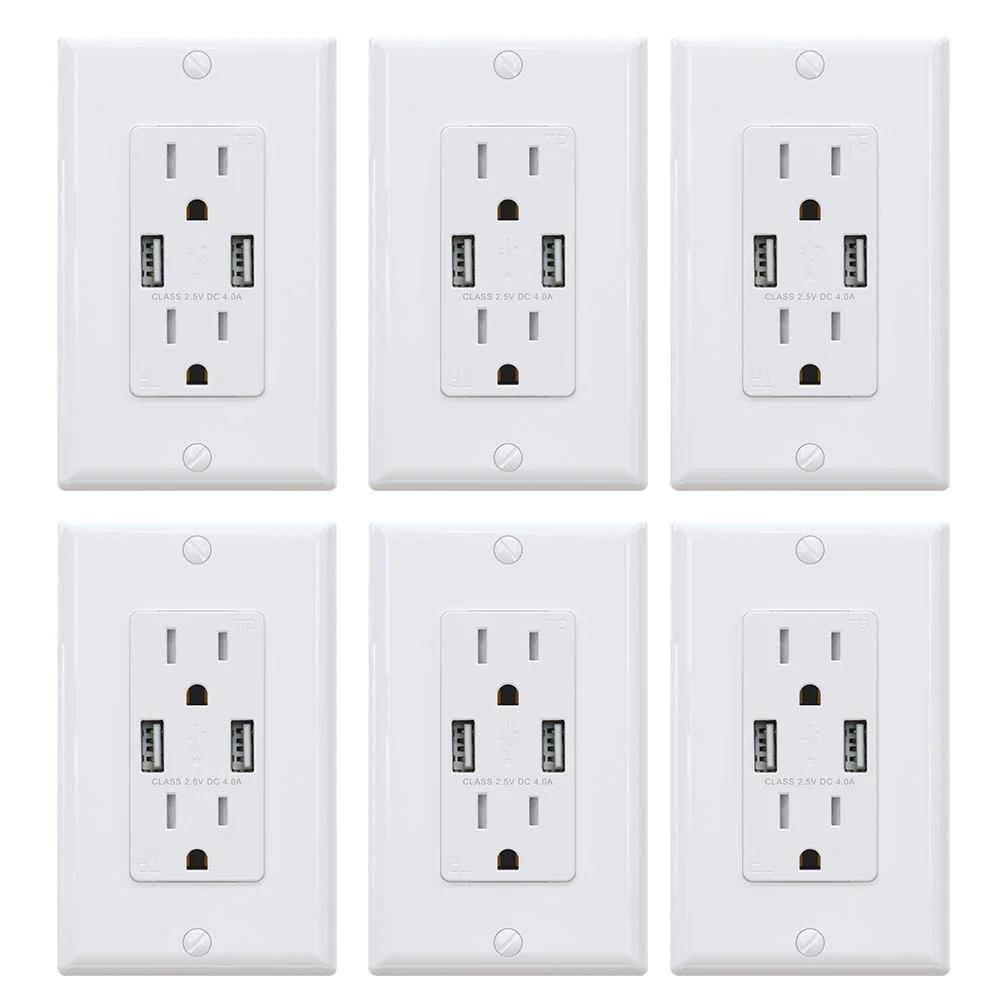 4.0 Amp Dual USB Ports 15 Amp Duplex Tamper Resistant Outlet White 6-Pack Q537501