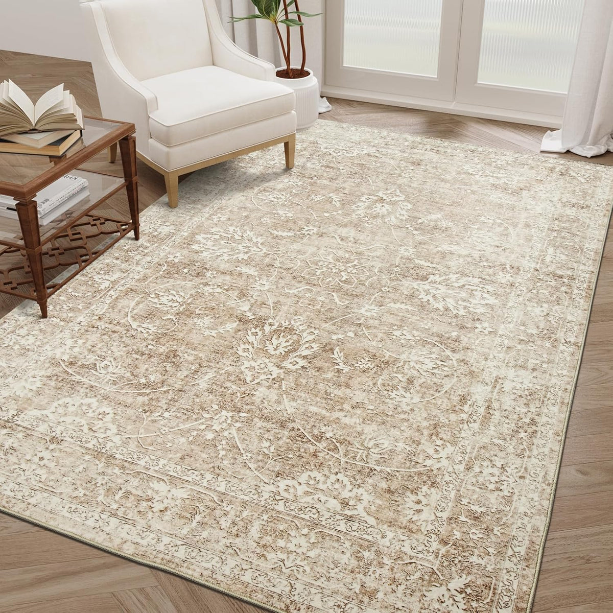 Beige/Brown 5x7 Non Slip Washable Area Rug B848