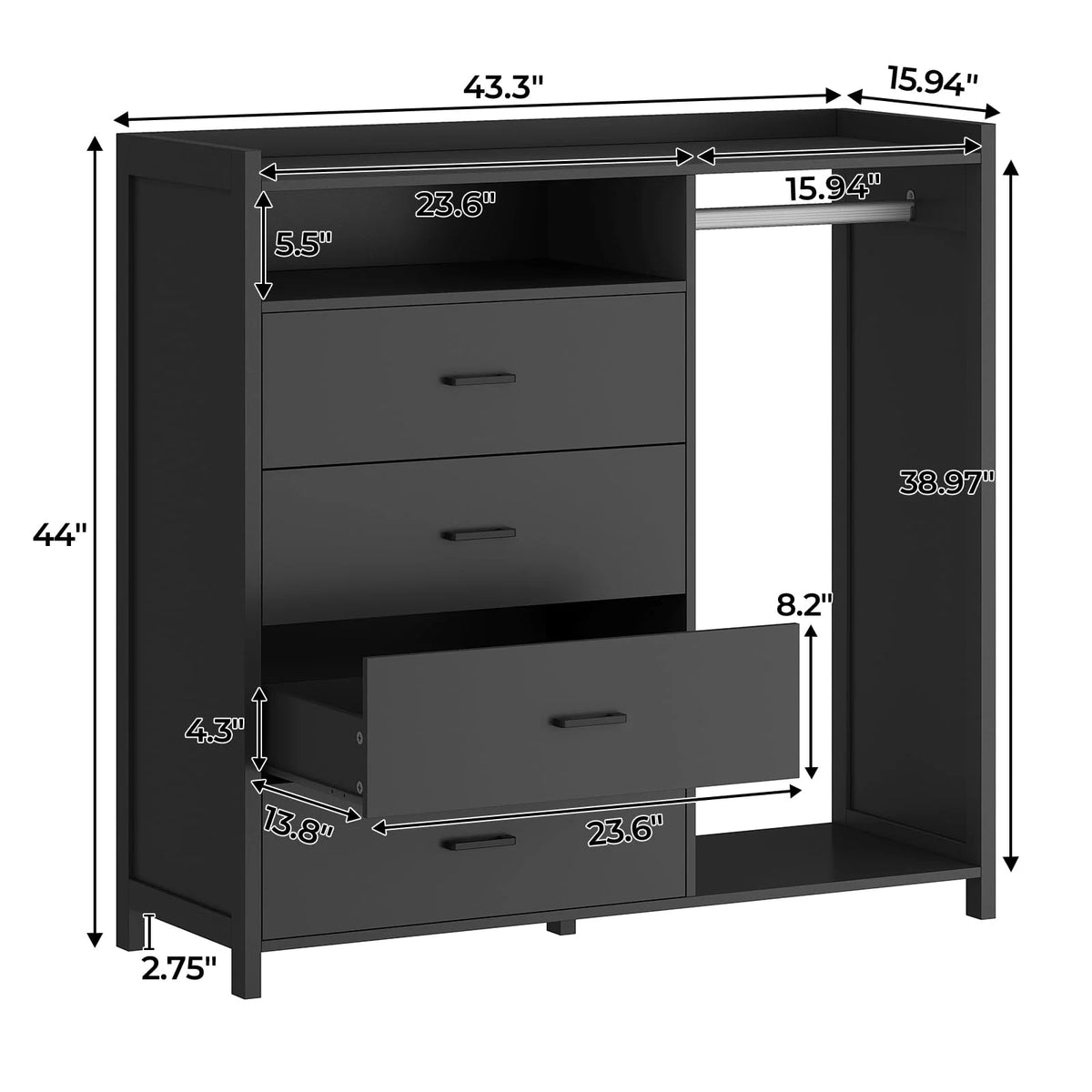 Black 4 Drawer Dresser with Clothing Rack Q18644