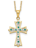 Emerald and Diamond Cross Pendant Necklace in Sterling Silver with Yellow Gold Plating and Chain F3890