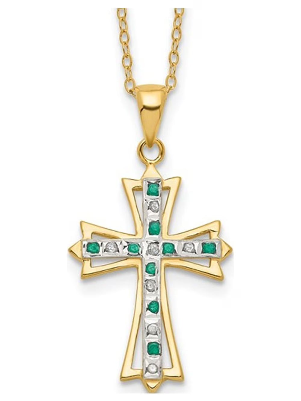 Emerald and Diamond Cross Pendant Necklace in Sterling Silver with Yellow Gold Plating and Chain F3890