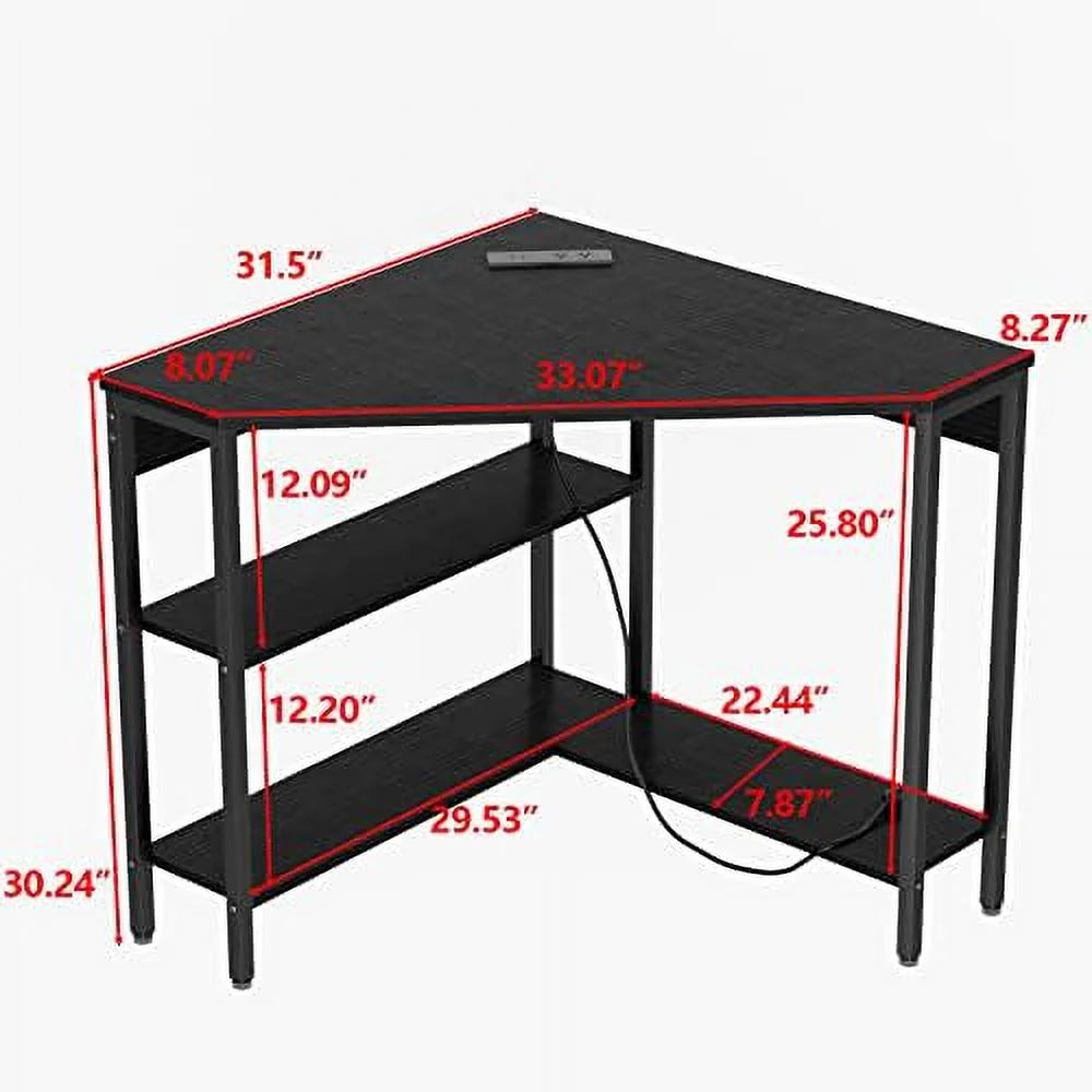 Black Corner Desk with Outlets USB Ports Shelves H229