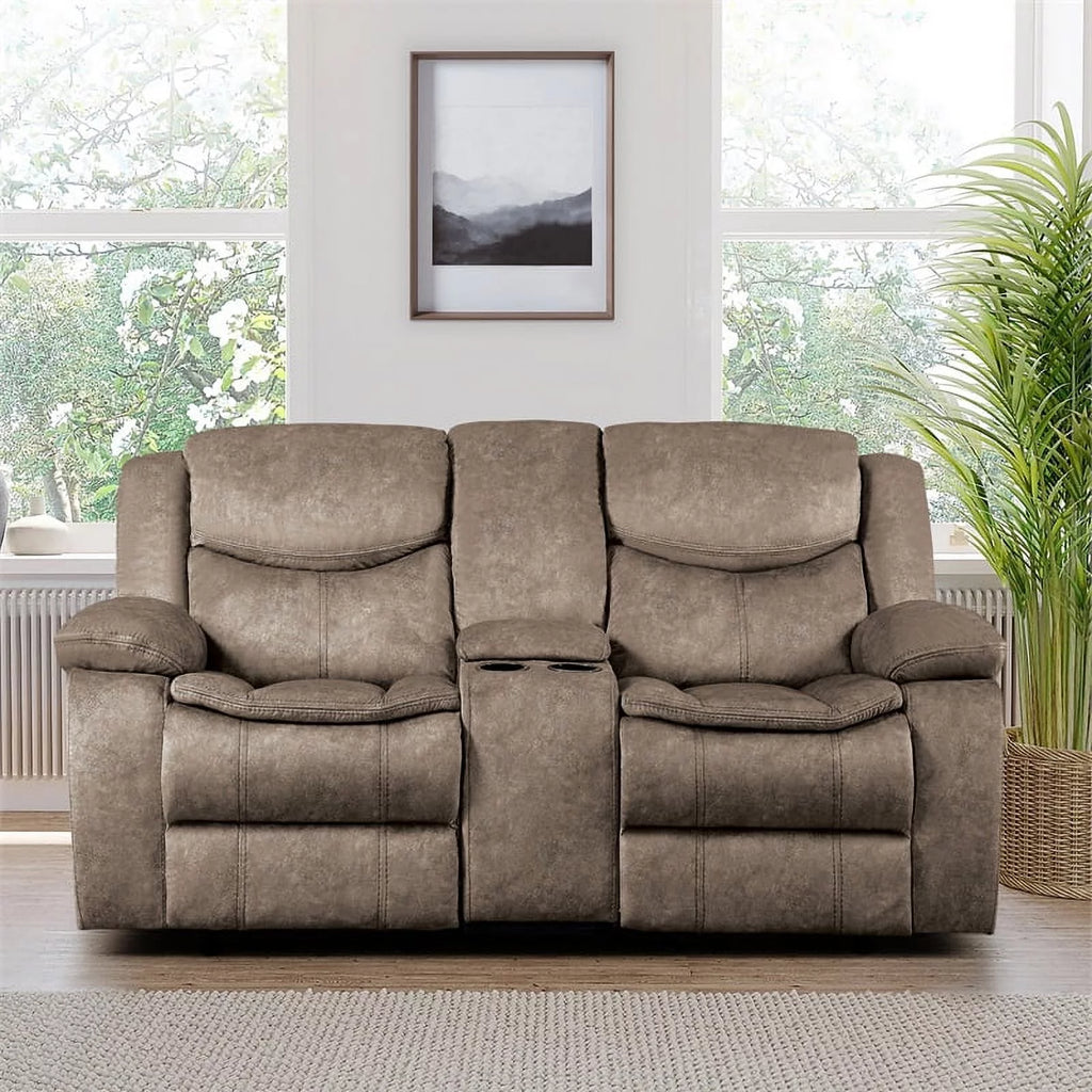 Brown Fabric Double Glider Reclining Loveseat with Console V393979
