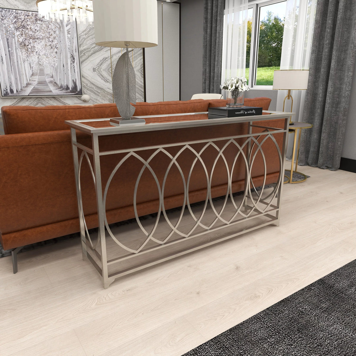 54" x 32" Silver Metal Mirrored Glass Console Table M90375