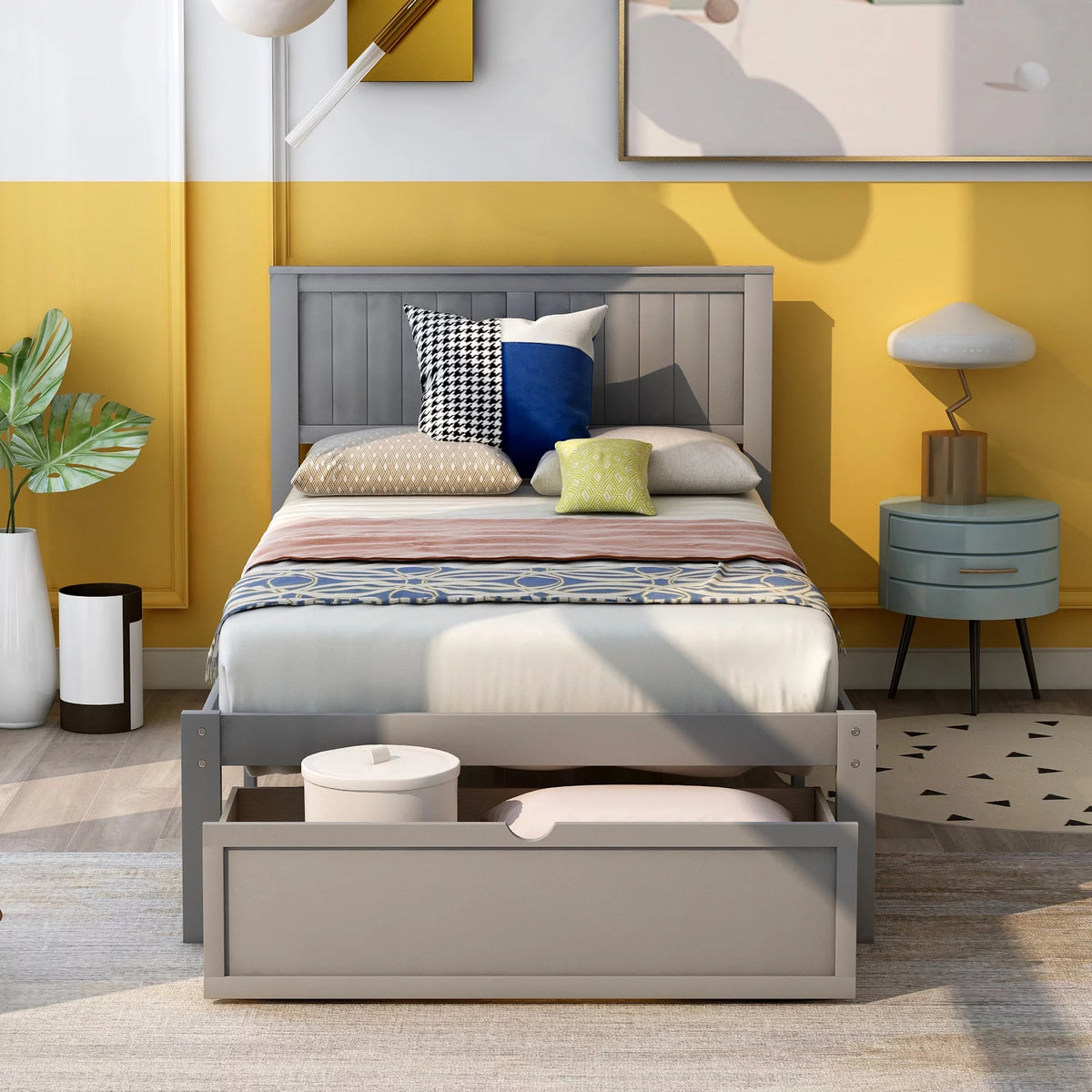 Twin Wood Platform Bed with Headboard & Storage Drawer R86045