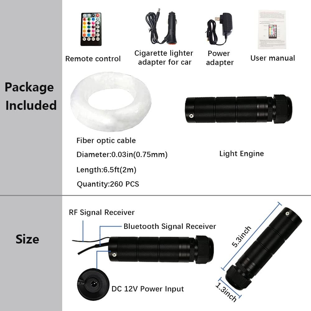 Car Use Bluetooth 6W RGB LED Fiber Optic Light Star Ceiling Kit with Remote Controller, 160pcs 0.03in 6.5ft Fiber Optic Cable R2969