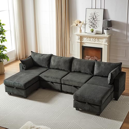 Oversized Modular Storage Sectional Sofa Soft Corduroy Upholstered Deep Seat Convertible Sleeper Couch Bed with 2 Pillows E80944