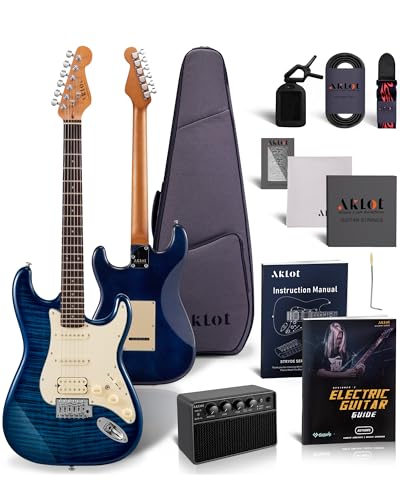 Blaze Orange Electric Guitar with Roasted Maple Neck, Flame Maple Top, HSS Ceramic Pickups, 10W Amp, Gig Bag, Strap, Picks, Lesson Book Q201
