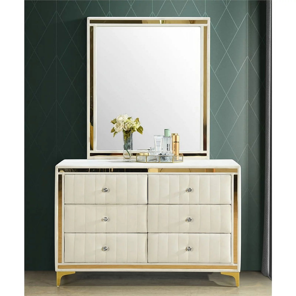 Velvet 6 Drawer Dresser with Mirror and Gold Legs in Cream W673237