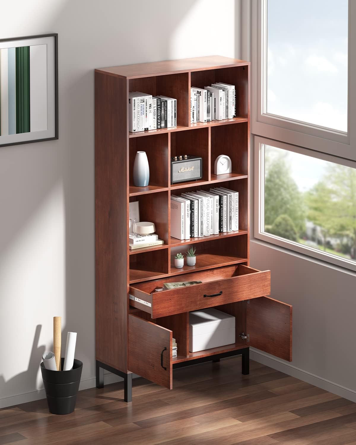 Brown 4 Tier Bookcase with Doors and Drawers V69838