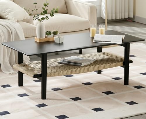 Farmhouse Rattan Storage Solid Wood Coffee Table O53204
