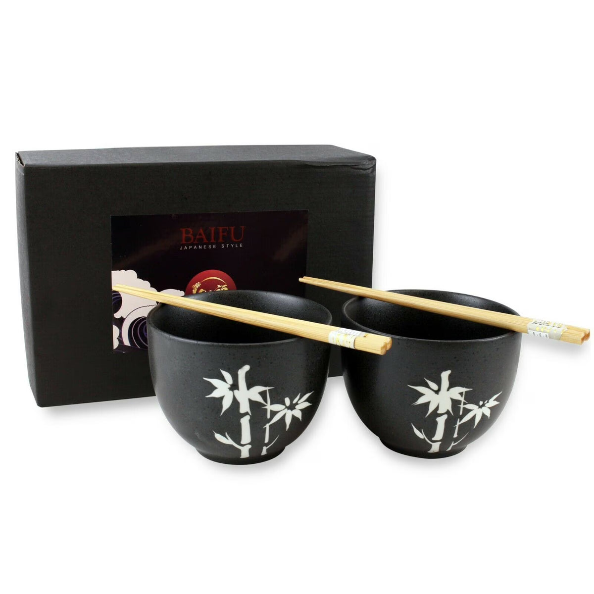 Black Porcelain Dinnerware Set of 2 with Chopsticks Utensils V823926