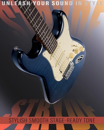 Blaze Orange Electric Guitar with Roasted Maple Neck, Flame Maple Top, HSS Ceramic Pickups, 10W Amp, Gig Bag, Strap, Picks, Lesson Book Q201