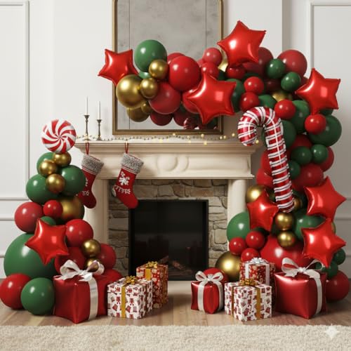 Red and Green Christmas Balloon Arch Kit with Candy Cane and Star Foil Balloons R639