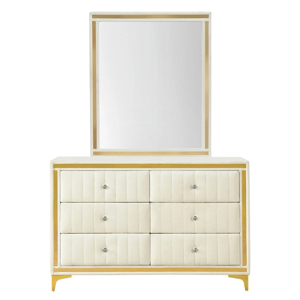 Velvet 6 Drawer Dresser with Mirror and Gold Legs in Cream W673237