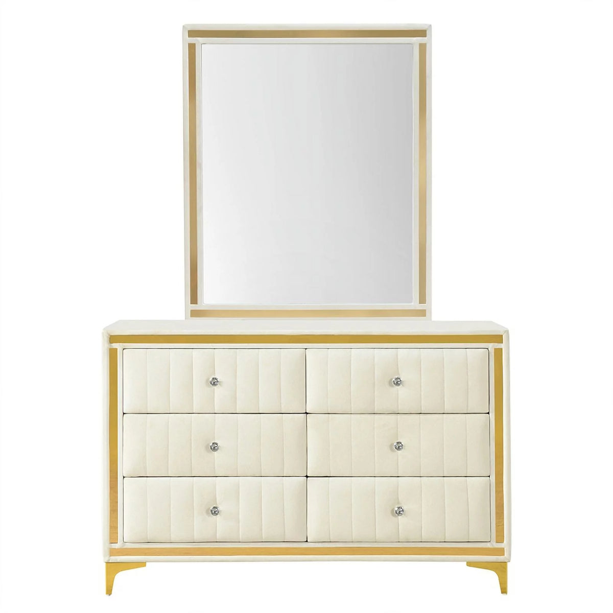 Velvet 6 Drawer Dresser with Mirror and Gold Legs in Cream W673237