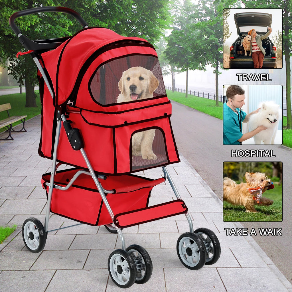 4 Wheels Foldable Pet Stroller with Storage Basket U1651