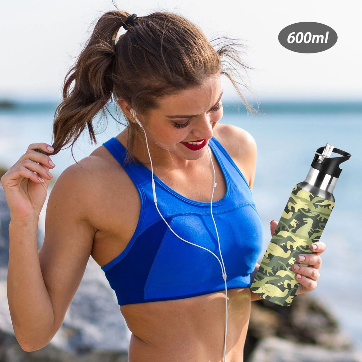 Army Green Camo Dinosaur Stainless Steel Water Bottle with Straw Lid 20 OZ M88581