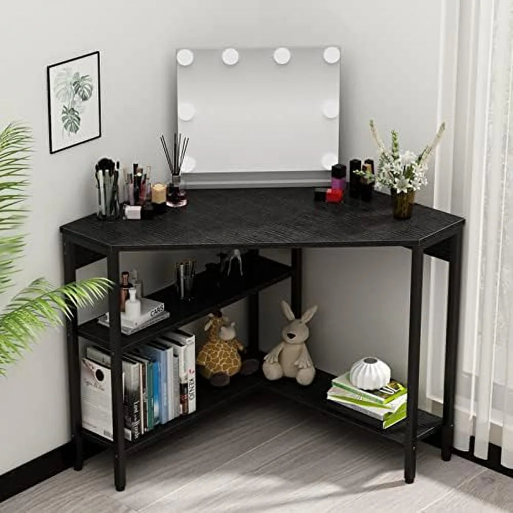 Black Corner Desk with Outlets USB Ports Shelves H229