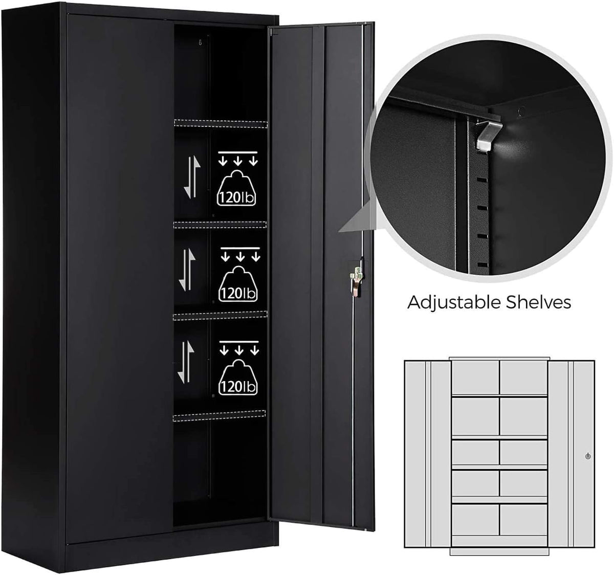 Metal Storage Cabinet with 4 Adjustable Shelves, 72 H, Black G211