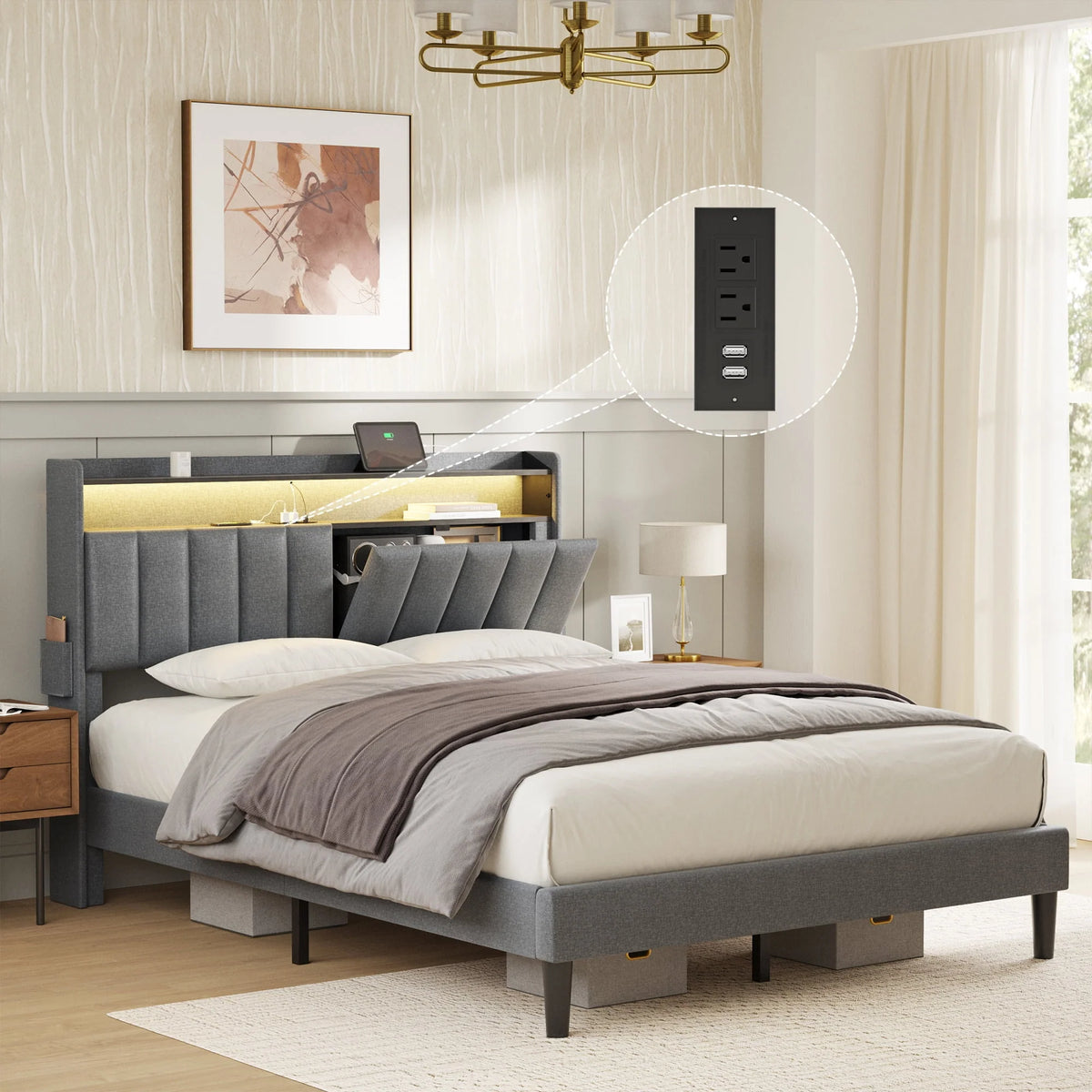 Queen Upholstered Platform Bed Frame with Storage Headboard J14920