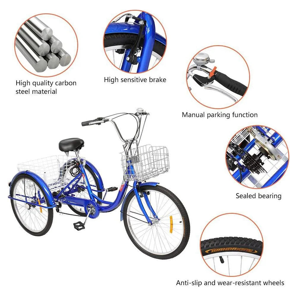 Blue 26 Wheels 7 Speed Adult Tricycle with Baskets Q129
