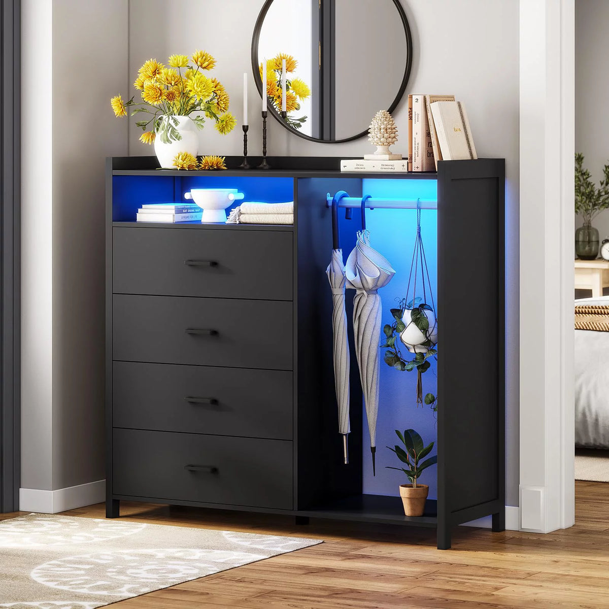 Black 4 Drawer Dresser with Clothing Rack Q18644