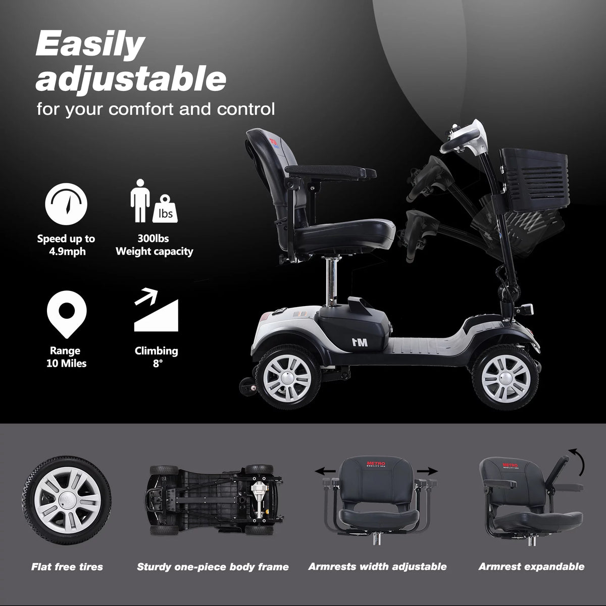 4-Wheel Mobility Scooter with Detachable Basket, Silver O189