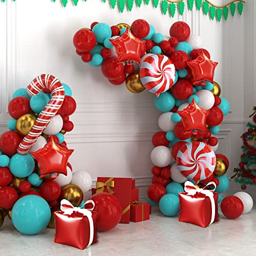 Red and Green Christmas Balloon Arch Kit with Candy Cane and Star Foil Balloons R639