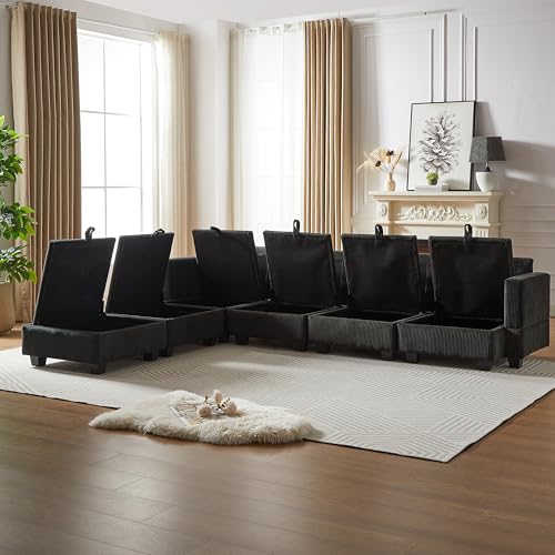Oversized Modular Storage Sectional Sofa Soft Corduroy Upholstered Deep Seat Convertible Sleeper Couch Bed with 2 Pillows E80944