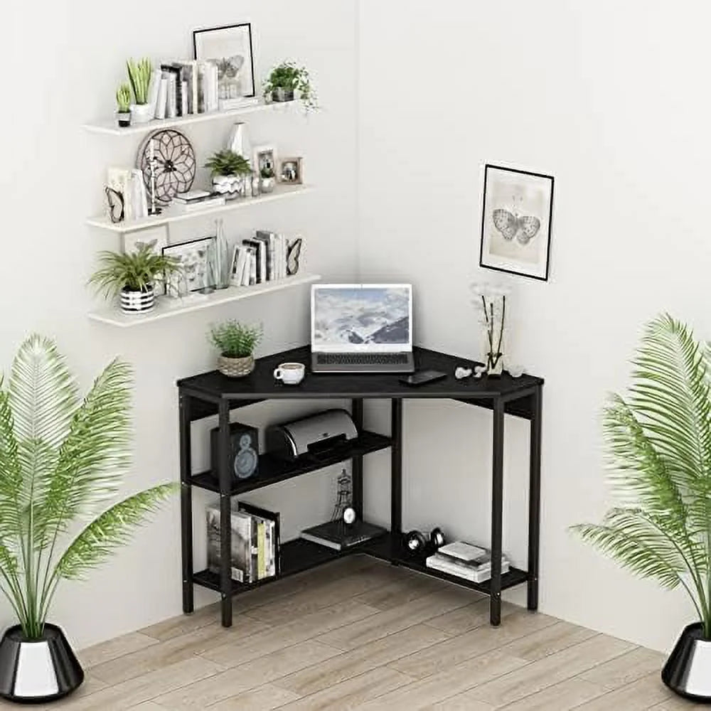 Black Corner Desk with Outlets USB Ports Shelves H229
