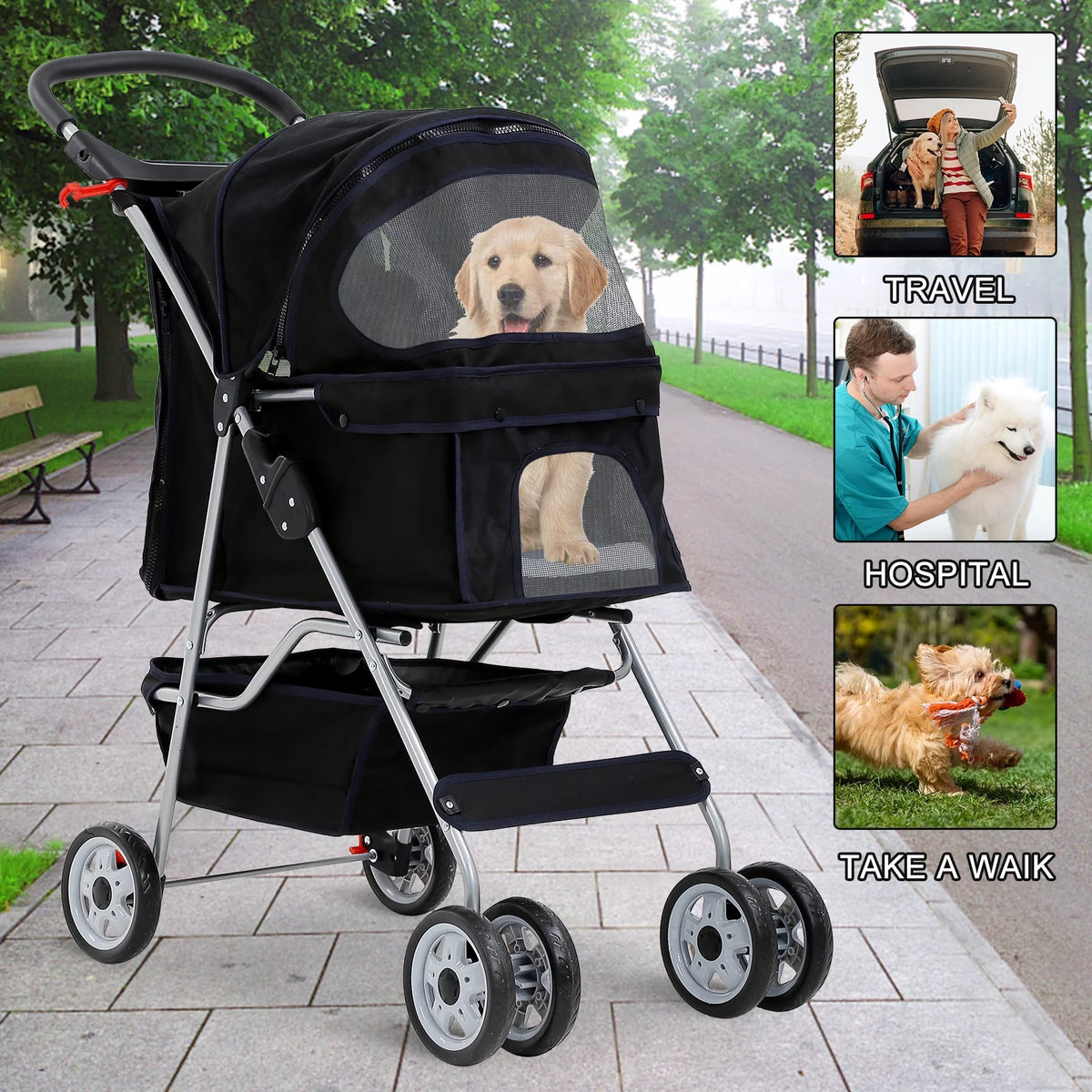 4 Wheels Foldable Pet Stroller with Storage Basket U1651